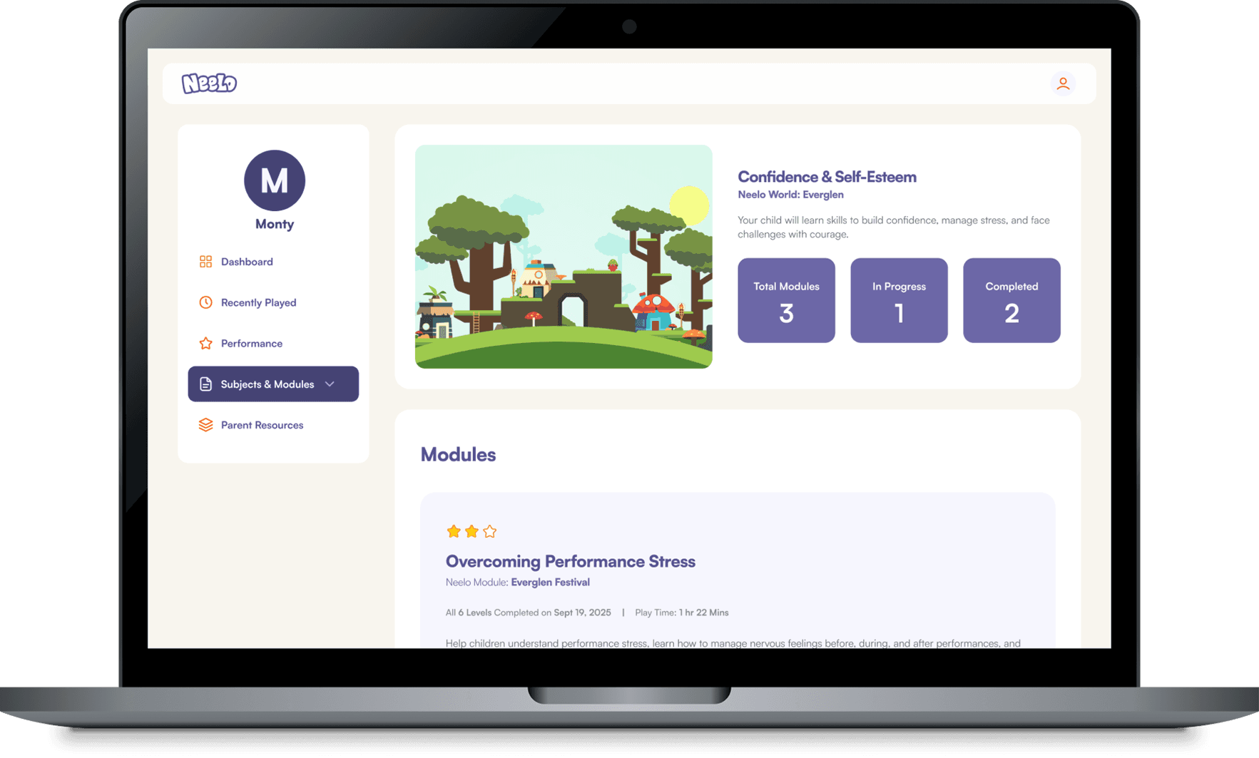 Laptop displaying the Neelo Parent Portal dashboard, showing skill-by-skill progress tracking, module completion, and learning areas.